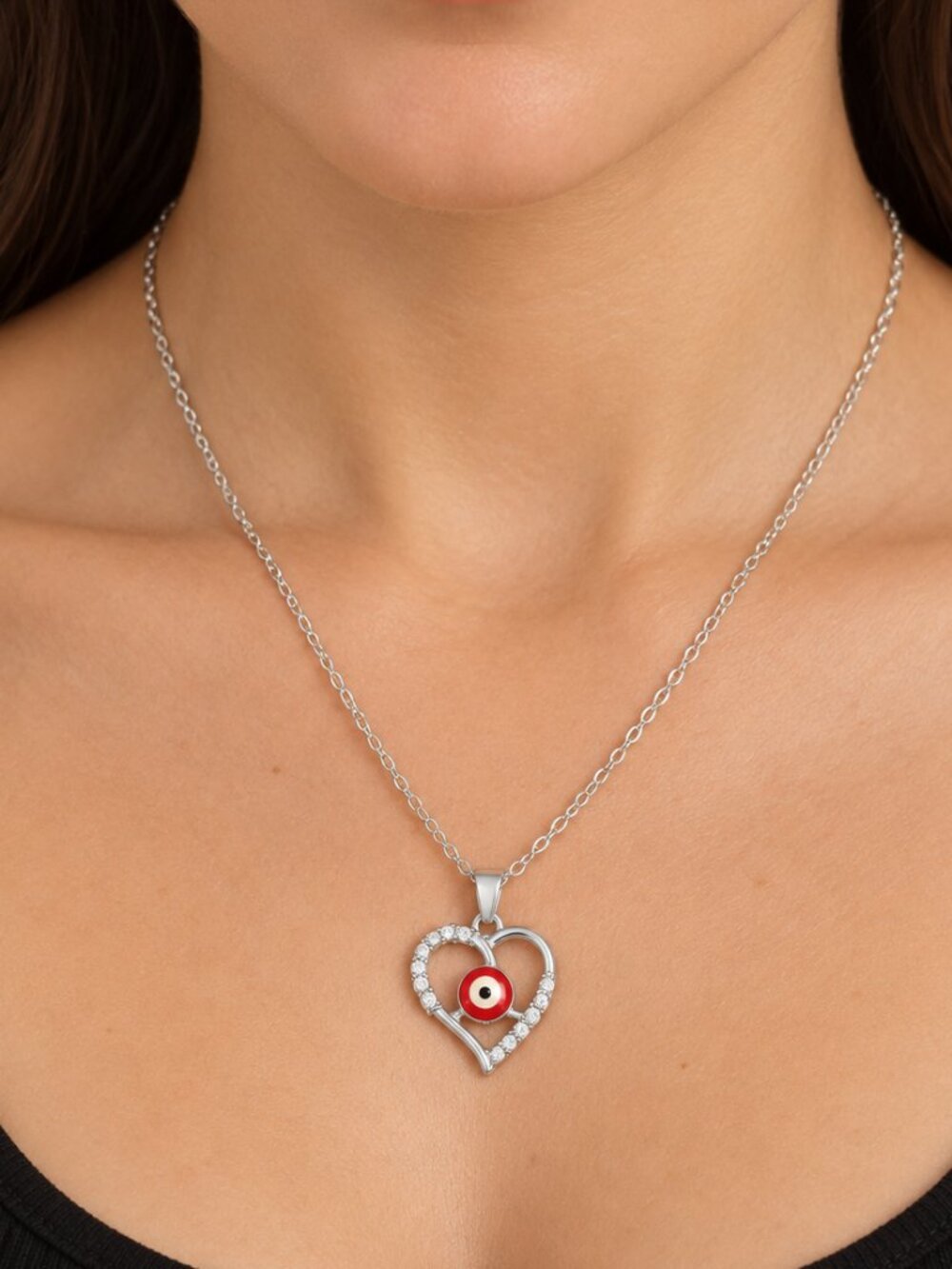 Silver Tone Heart Pendant Necklace with Red Evil Eye